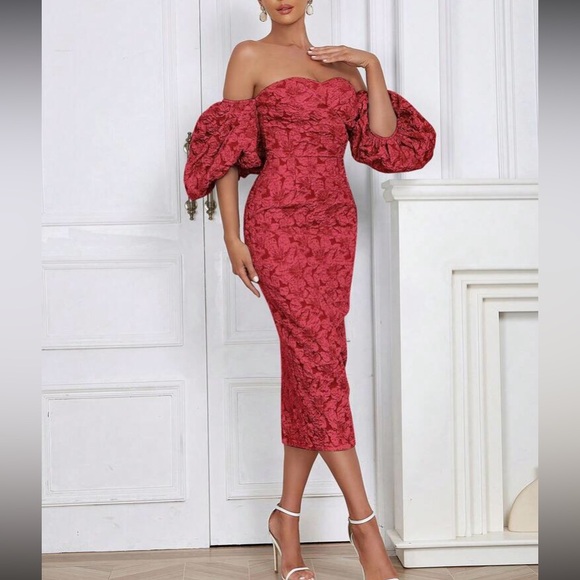 Luxe floral jacquard off shoulder party formal evening dress - Picture 2 of 15